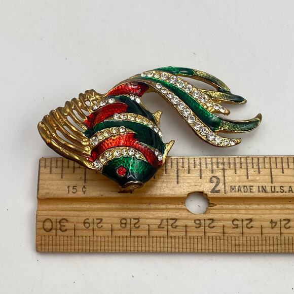 Tropical Fish Brooch Red and Green Enamel with clear Rhinestones Fish Brooch - Picture 6 of 9